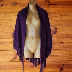 Lavorazione Purple Suede Fringe Shawl Made in Italy Boho Leather Cape Wrap